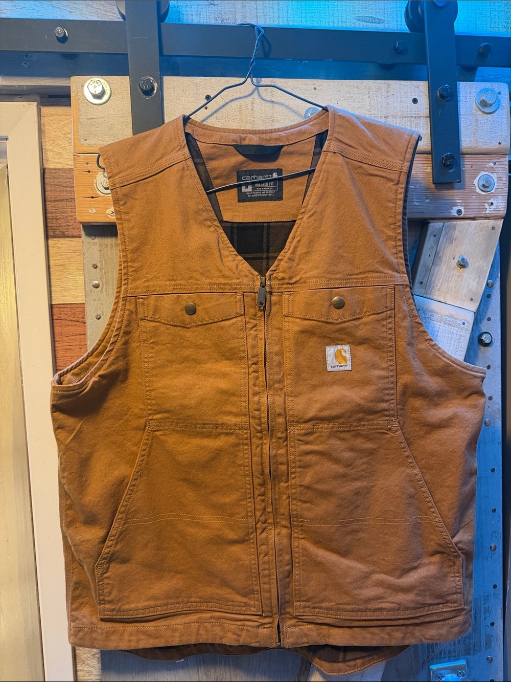 Carhartt Brown Duck Canvas Work Vest with Plaid Lining